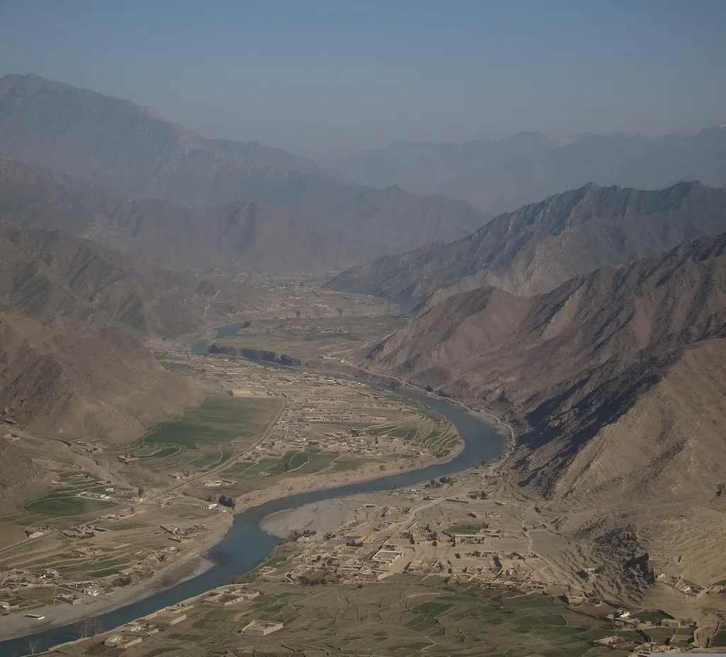 Aerial view of the Kunar River valley in Kunar province, Afghanistan, with villages and terraced fields along the river (file photo, 2014)