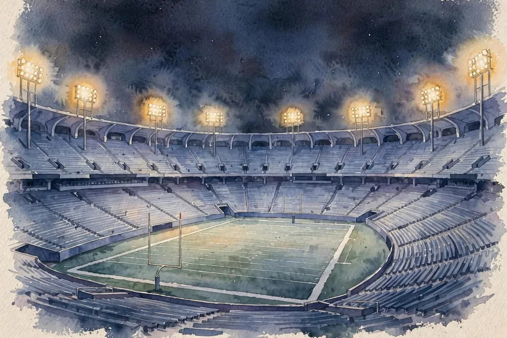 Watercolour illustration of an American football stadium at night with empty stands, goalposts and floodlights. (Illustration: Flip News)
