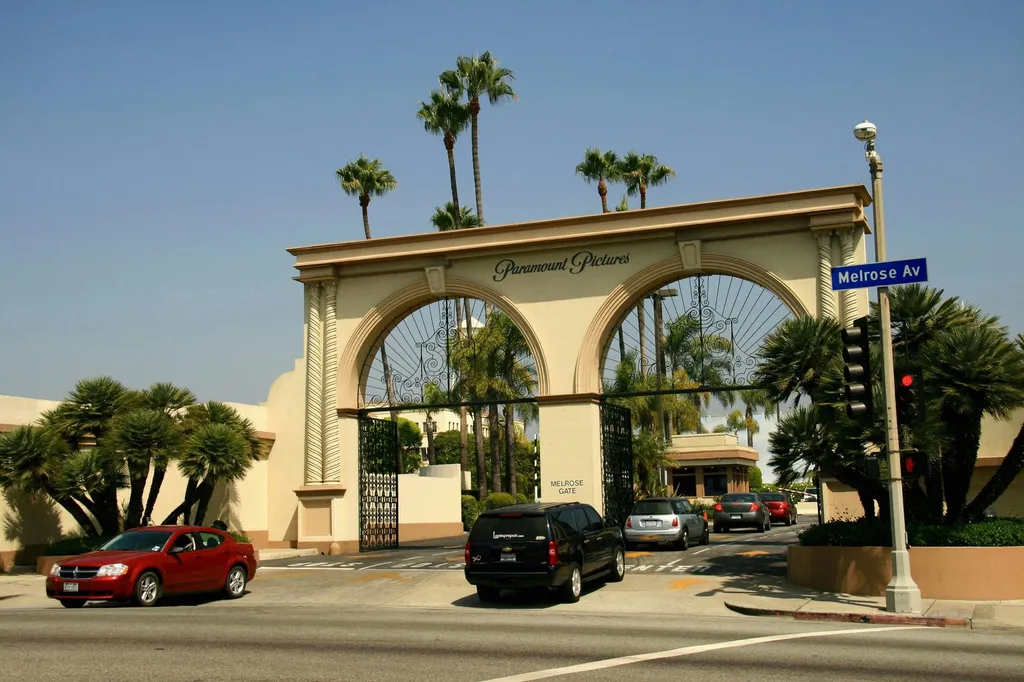 The iconic Paramount Pictures Melrose Gate archway in Hollywood, California
