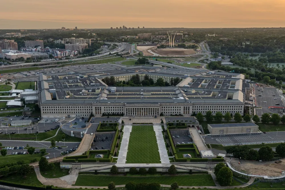 Aerial view of the Pentagon building in Arlington, Virginia, at dusk