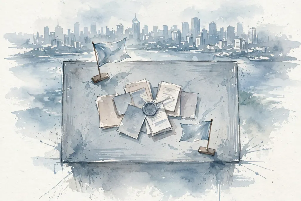 Illustration: a diplomat's conference desk in watercolour with two small flags facing each other across papers and a seal, Manila Bay skyline behind.