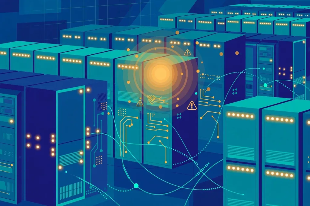 Illustration of server racks with warning indicators, representing the PHP2Shell security flaw.