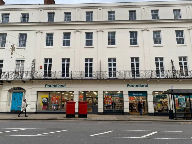 Poundland storefront on the Parade in Leamington Spa, England