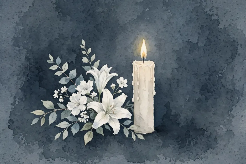 Soft watercolour memorial illustration of a lit candle beside white lilies and flowers on a dark blue-grey background. Illustration; depicts no people.