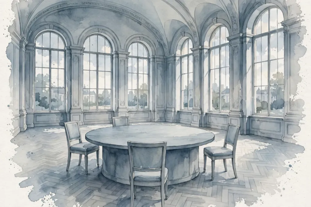 Watercolour illustration of an empty grand conference hall with a round summit table and four empty chairs, tall windows behind