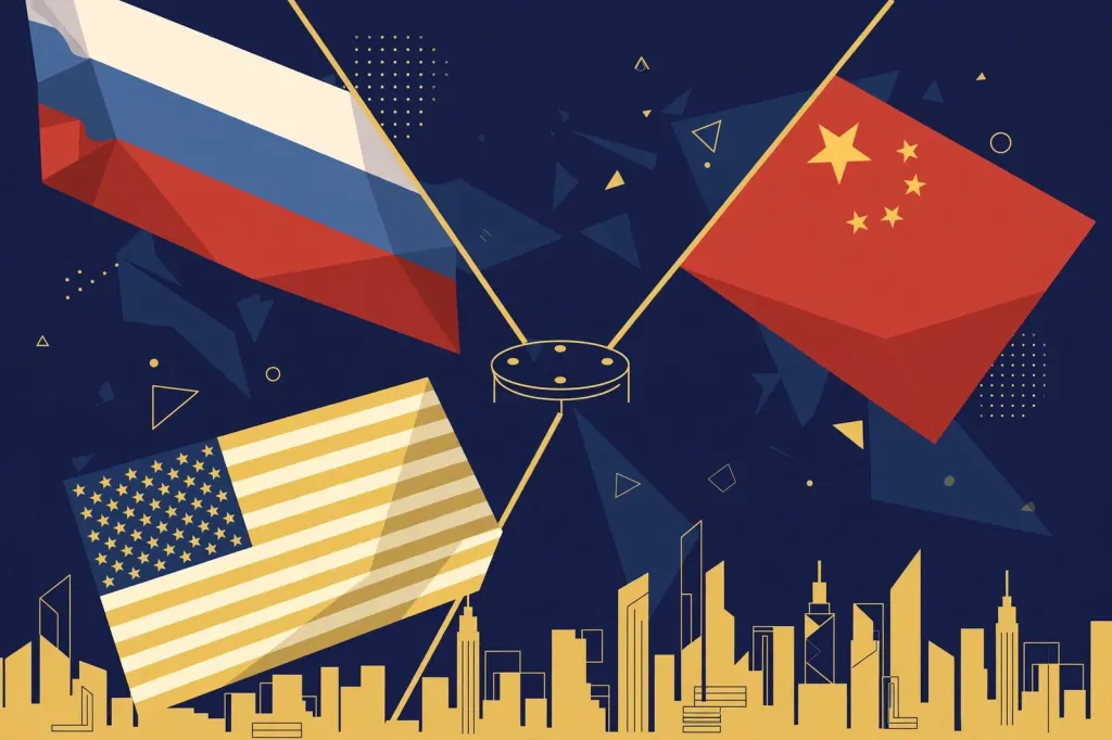 Stylised editorial illustration of three converging flag banners over a summit table before a city skyline, clearly non-photorealistic, labelled illustration