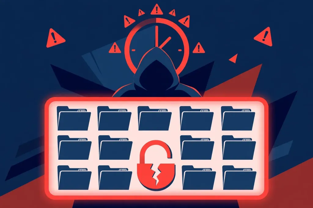 Illustration of a hooded cyber intruder behind a screen of file folders with a broken padlock, countdown clock and warning signs