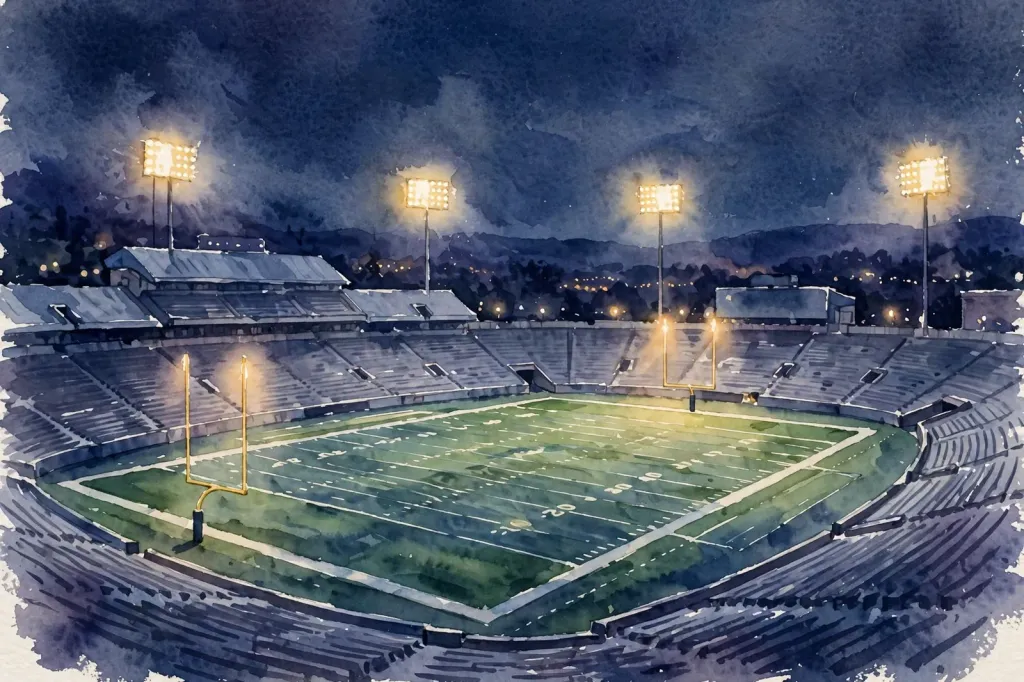 Watercolour illustration of an American football stadium at night with goalposts and empty stands