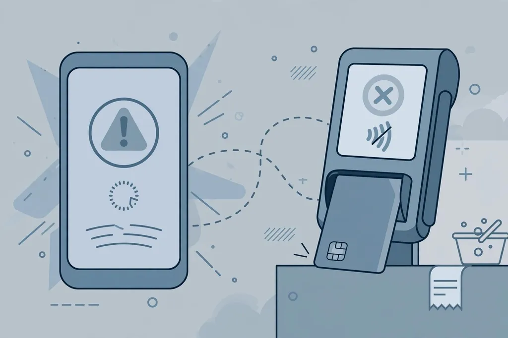 Illustration of a smartphone banking app screen showing an error, with a payment card nearby
