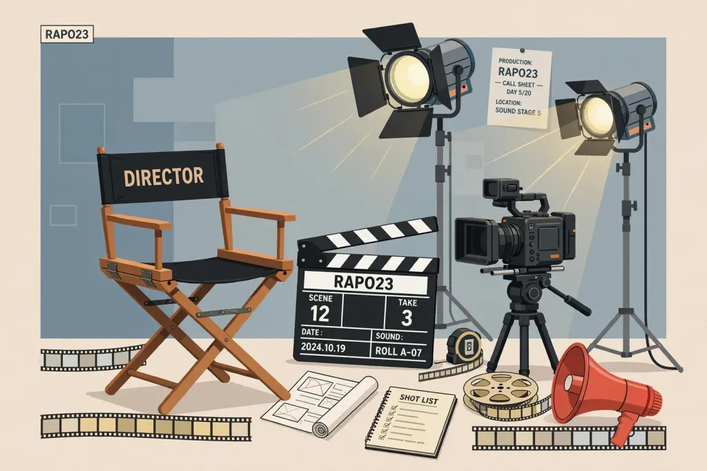Editorial illustration of a film set: a director's chair, a clapperboard reading RAPO23, a cinema camera and studio lights.