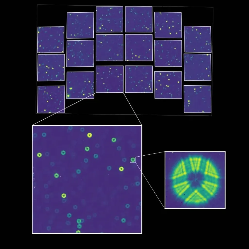 NASA's Nancy Grace Roman Space Telescope first-light test image: out-of-focus stars as donut-like halos across the Wide Field Instrument's 18-detector mosaic, with zoom insets of one detector and a single star.