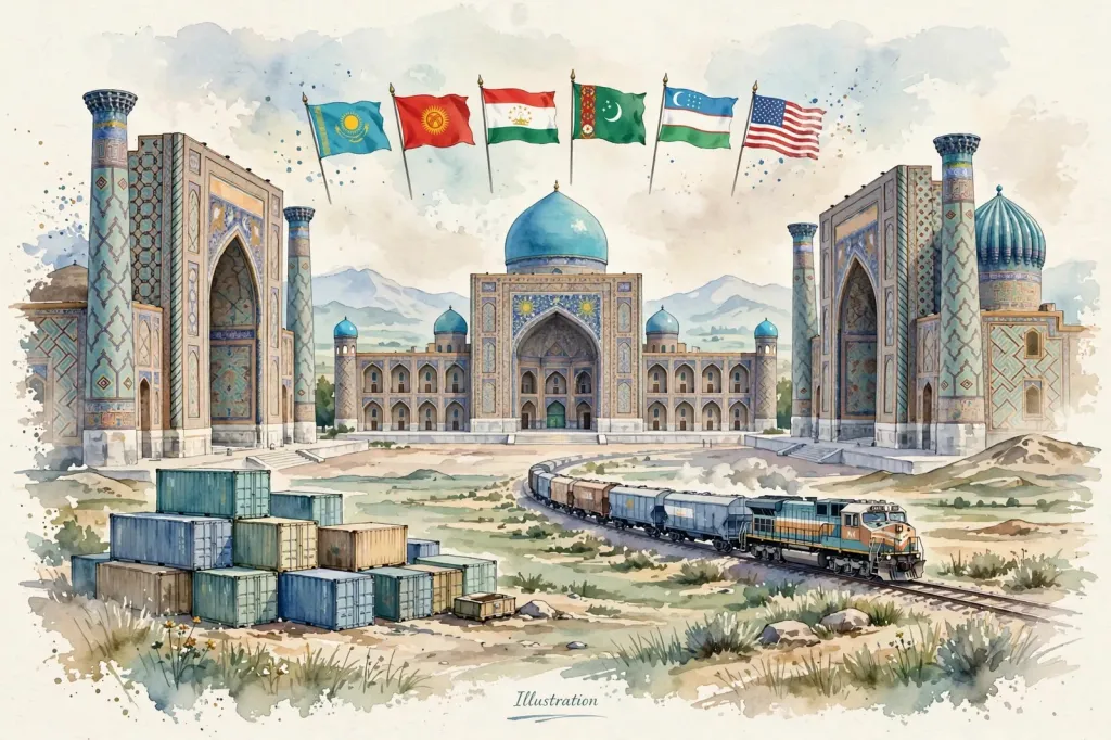 Illustration: the turquoise domes of Samarkand’s Registan Square alongside US and Central Asian flags and a freight-trade motif for the C5+1 ministerial.