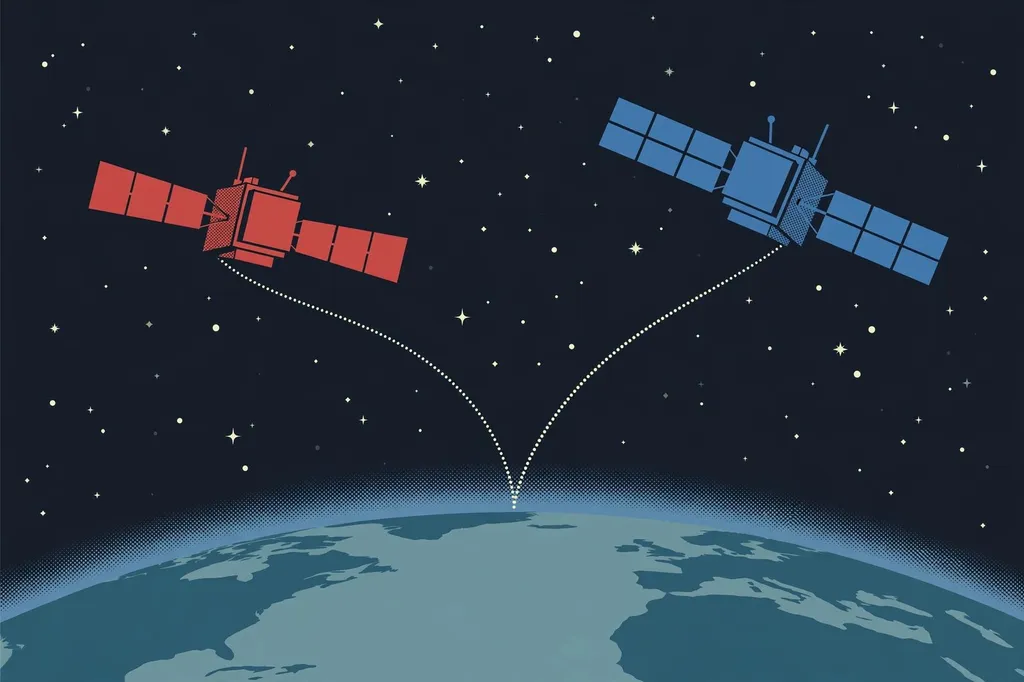 Stylised editorial illustration of two satellites approaching each other above Earth’s curved horizon against a starry sky (AI-generated art, not a photograph).