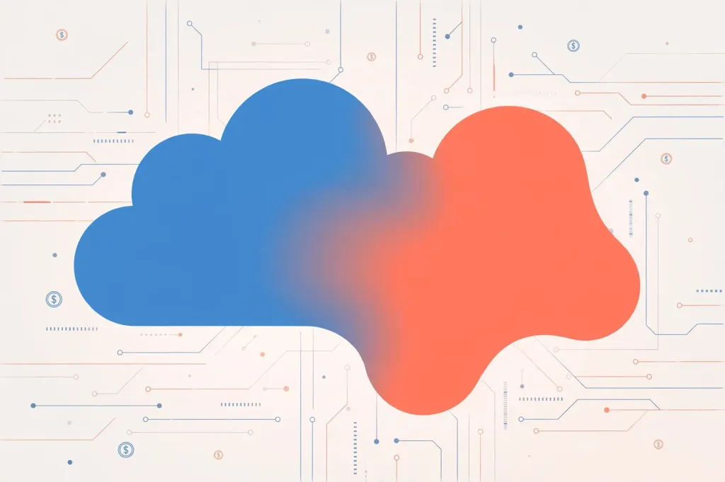 AI-generated editorial illustration: two overlapping cloud shapes, blue and coral, on a light circuit-board background with dollar symbols, representing Salesforce's $5.66bn acquisition of Braze.