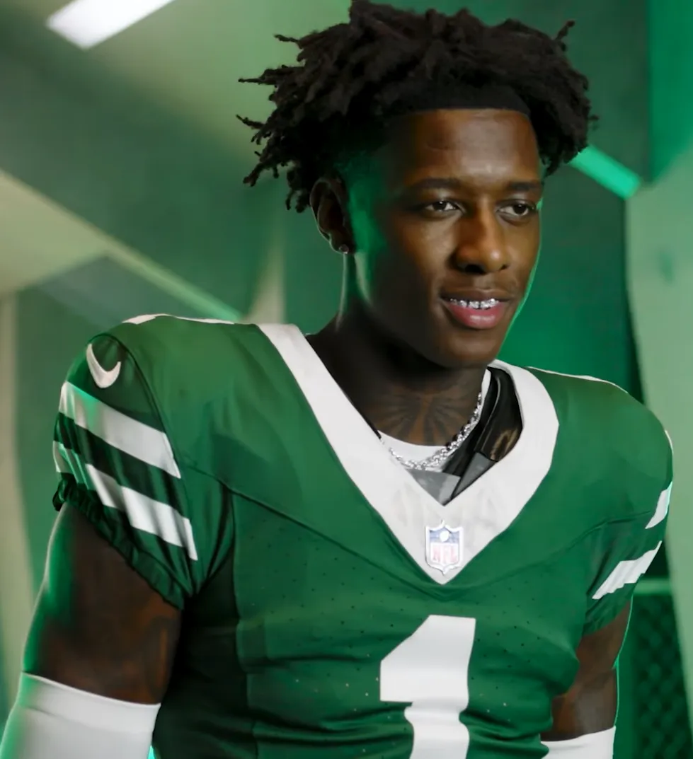 Sauce Gardner in New York Jets uniform at the 2025 New York Jets Media Day