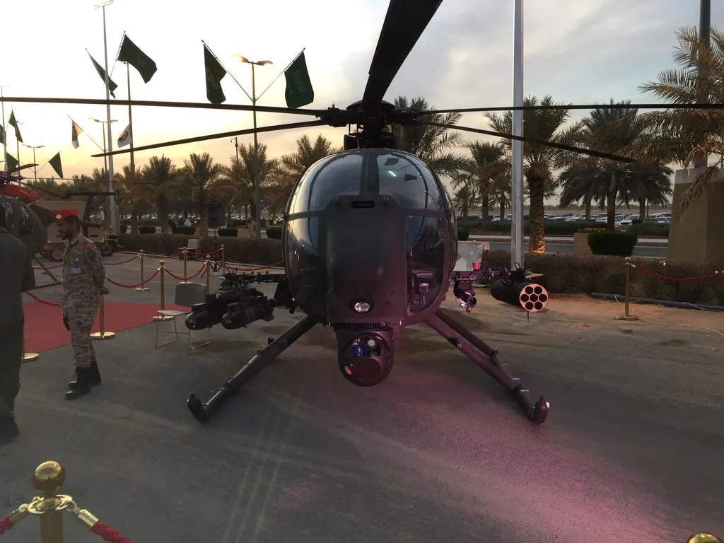 A Saudi National Guard AH-6 Little Bird reconnaissance helicopter on display