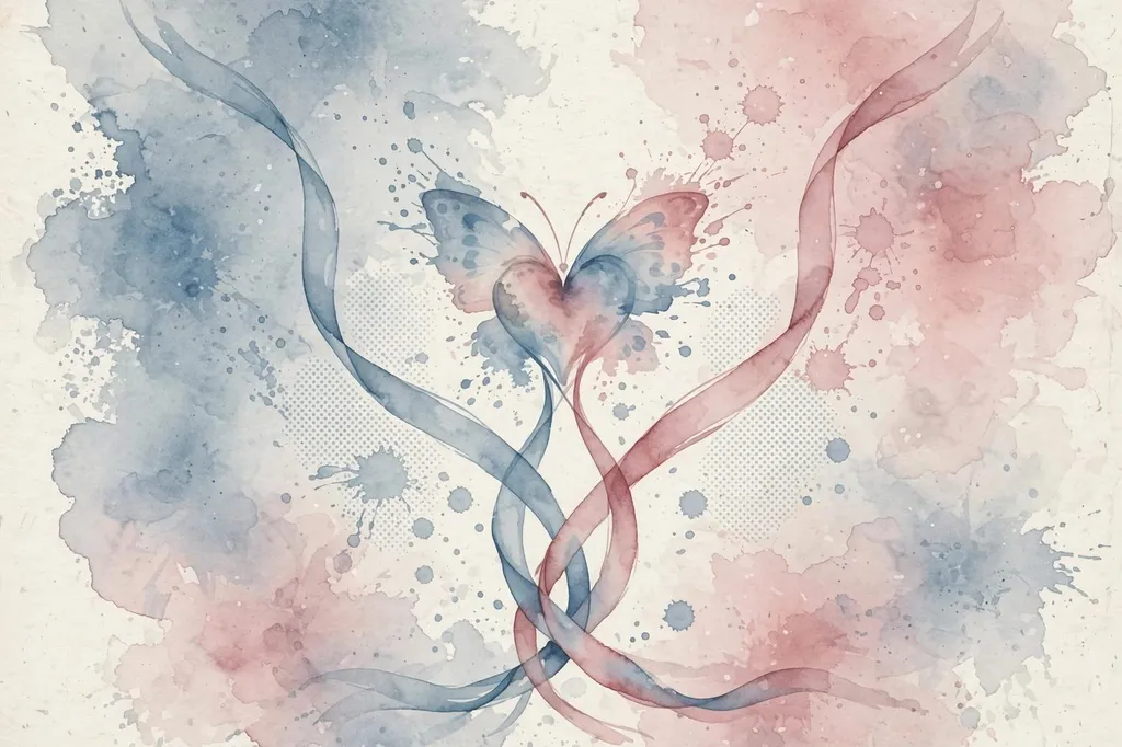 Abstract watercolour editorial illustration of a heart with butterfly wings and diverging ribbons, symbolising a relationship evolving into friendship (Illustration: Flip News)