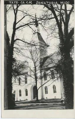 Vintage postcard photograph of the Tate County Courthouse in Senatobia, Mississippi, the town where the June shooting took place