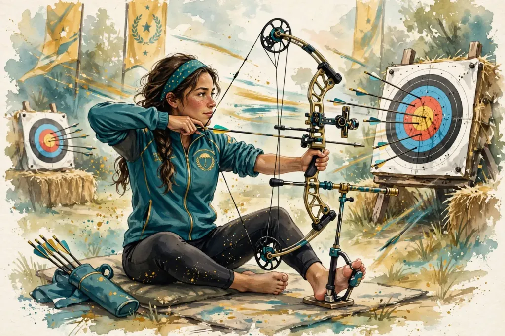 Editorial illustration: a stylised watercolour scene of a para-archer drawing a compound bow at an archery range, with arrows flying toward a target.