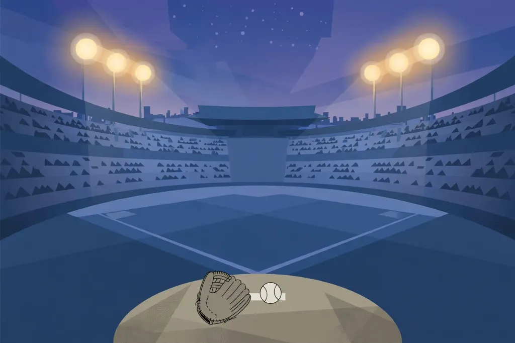 Editorial illustration of a stylised baseball stadium at dusk with a pitcher's mound in the foreground