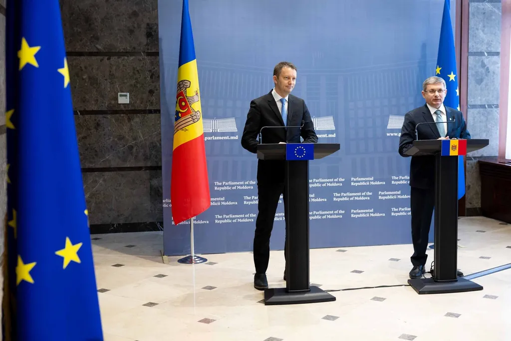 Siegfried Muresan, liberal MEP and prime minister-designate, at a joint press conference with Moldovan parliament president Igor Grosu at the Moldovan parliament in February 2025
