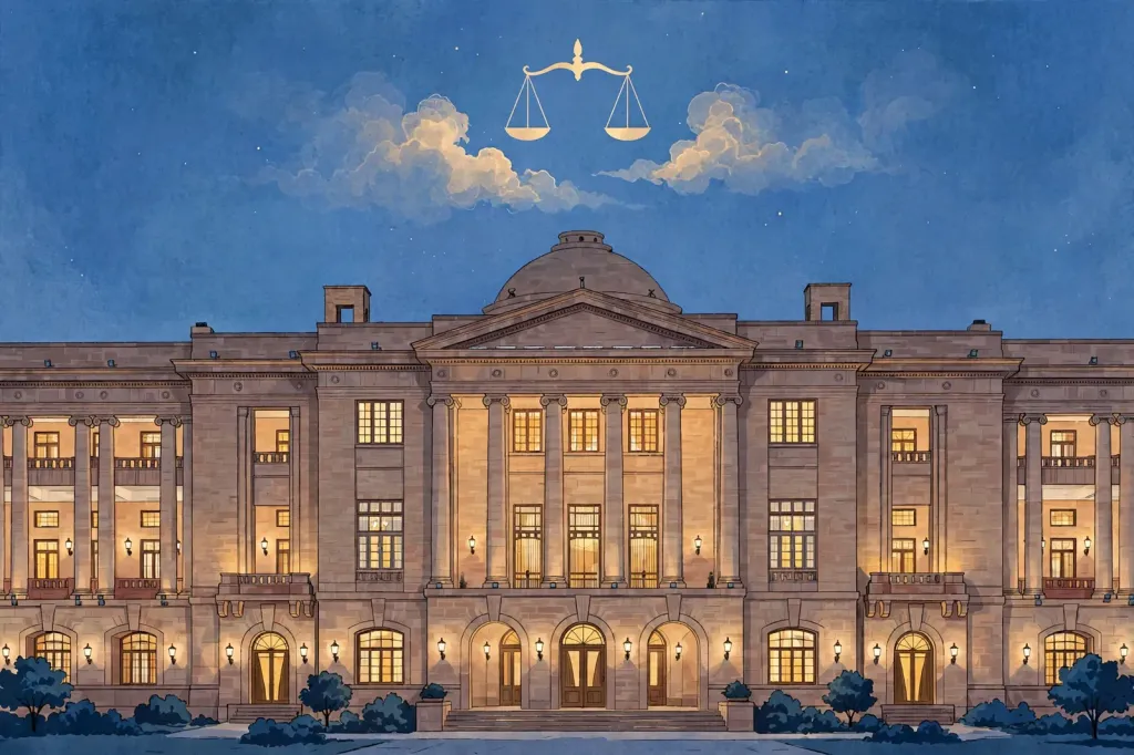 Illustration of a courthouse building at dusk with scales of justice in the sky, representing the judicial inquiry into Mir Raza Ali’s murder case
