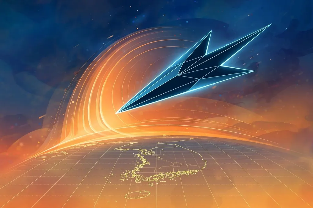 Stylised AI-generated editorial illustration of a sleek hypersonic glide vehicle concept gliding above a glowing grid map outline of the Korean Peninsula in deep blue and orange tones; clearly abstract artwork, not a photograph of the real test.