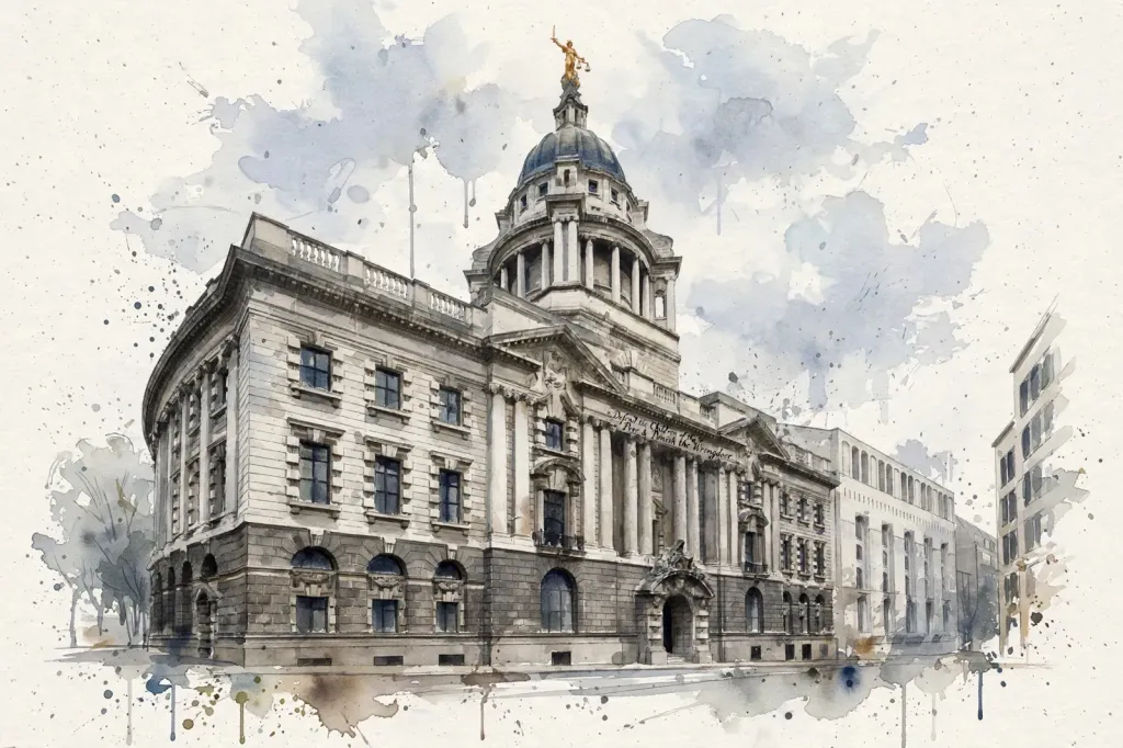 Watercolour editorial illustration of the Old Bailey courthouse in London: Portland stone facade, dome and the golden Lady Justice statue above the entrance
