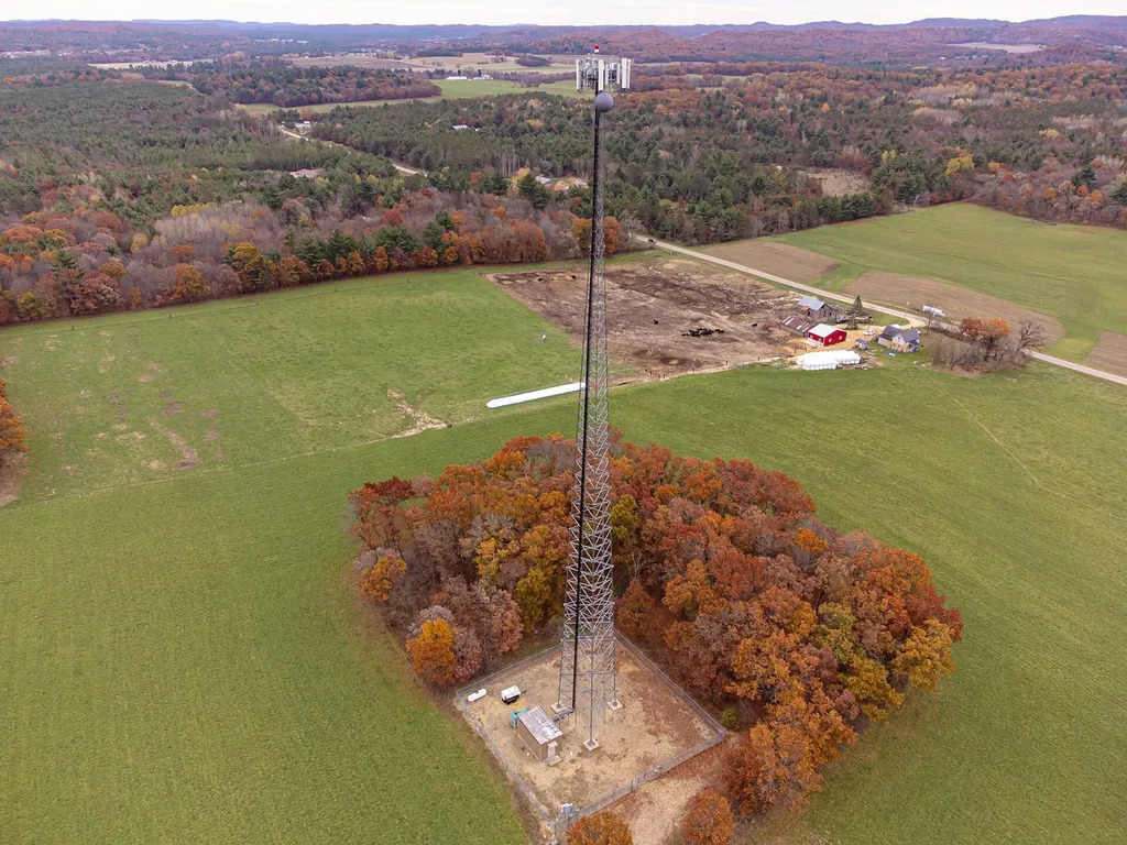 A lattice cell tower with antenna arrays in rural Wisconsin, United States — the kind of cellular infrastructure SpaceX aims to lease at 80,000 US sites
