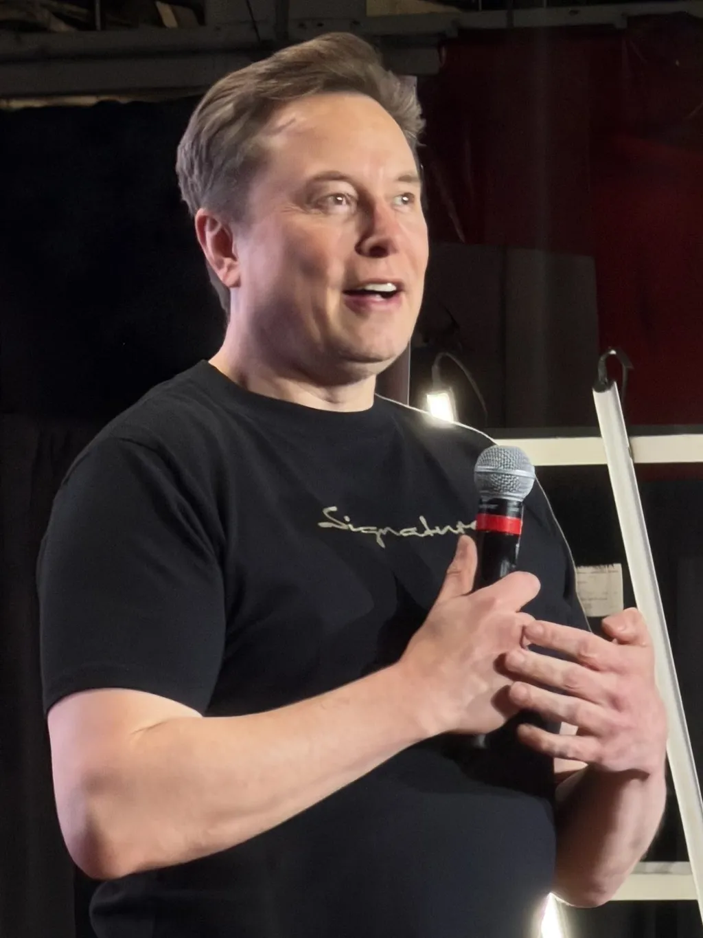 Elon Musk speaking onstage with a microphone