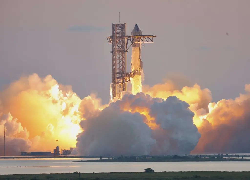 A SpaceX rocket engine ignition at liftoff