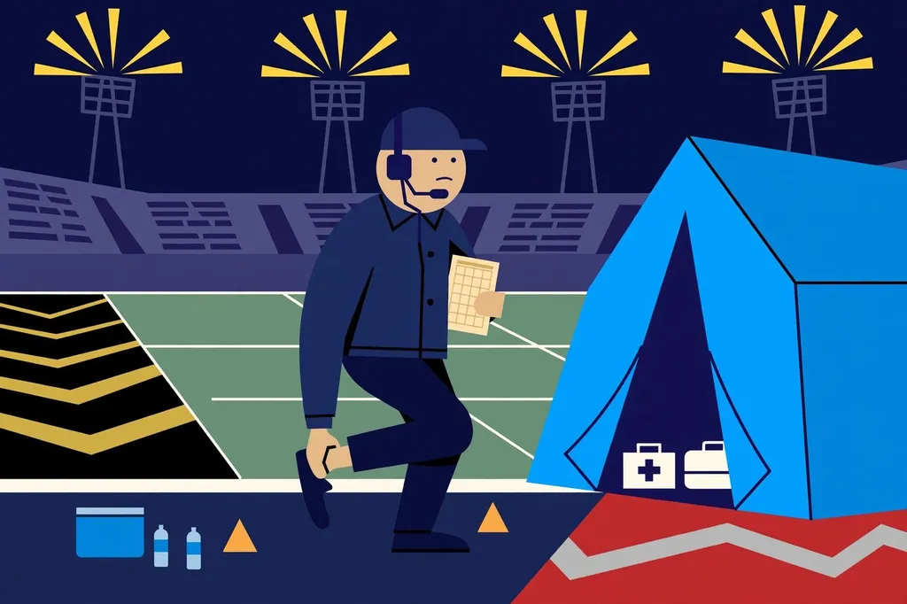 Illustration: a generic football coach in a headset clutching his ankle on a floodlit stadium sideline beside a bright blue medical tent.