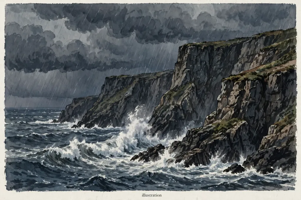 Editorial illustration of a dark stormy sky over a rocky British coastline, with heavy rain and large waves crashing against cliffs