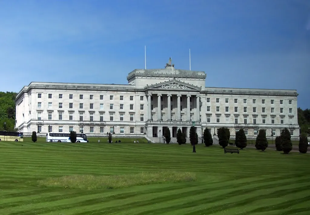 Parliament Buildings at Stormont in Belfast, the Greek classical-style building that houses the Northern Ireland Assembly, seen across its front lawn
