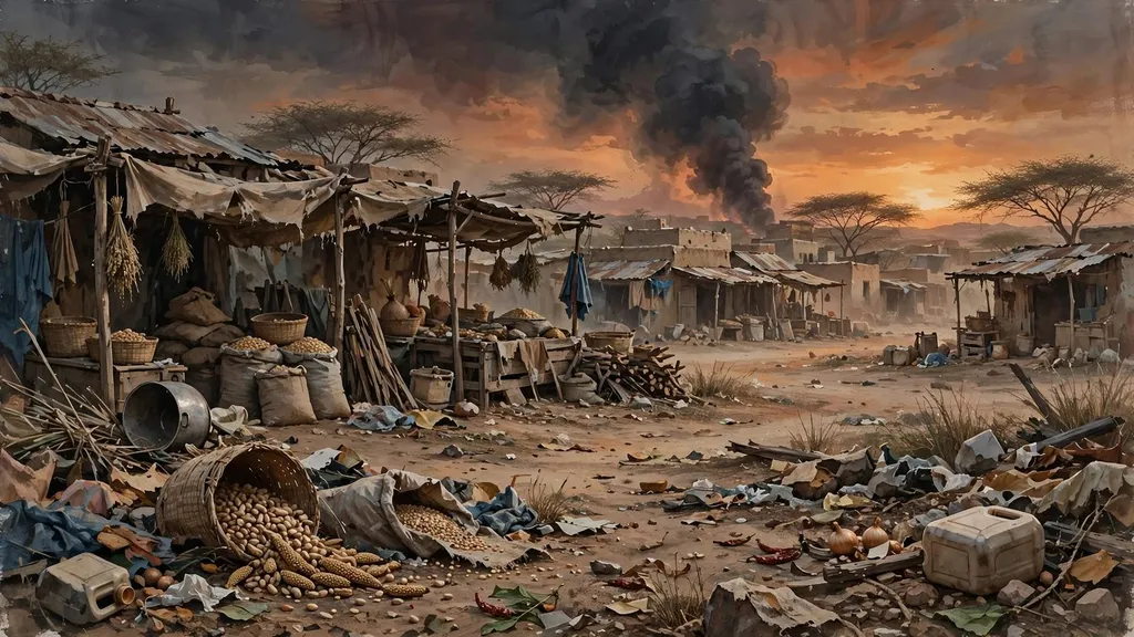 Illustration of a market in Sudan's Abyei region with a column of smoke rising in the background after a drone strike