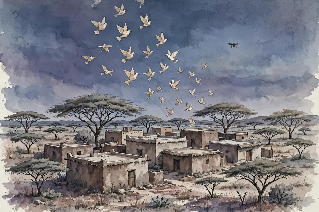 Illustration of paper doves rising over a Sudanese village at dusk beneath a distant drone silhouette.