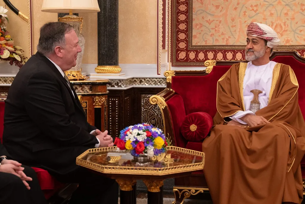 Sultan Haitham bin Tariq of Oman in traditional Omani robes meeting US Secretary of State Mike Pompeo in Muscat, February 2020