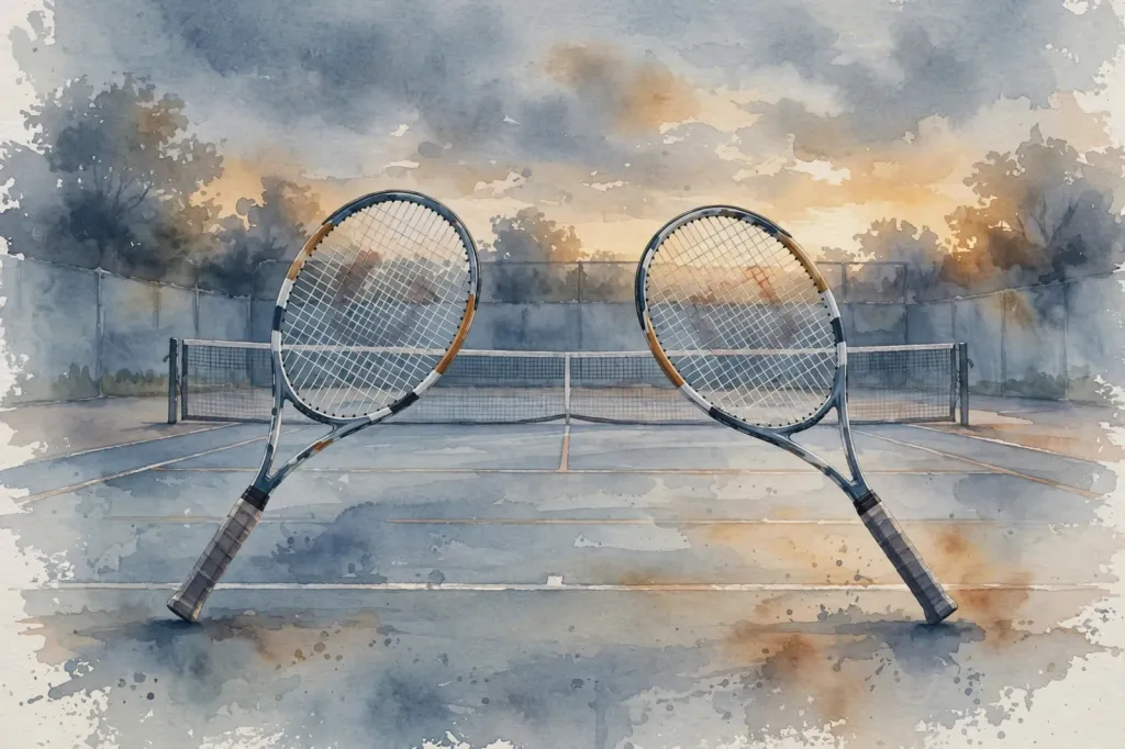 Watercolour editorial illustration of two tennis rackets leaning away from each other on an empty tennis court at dusk, symbolising a separation