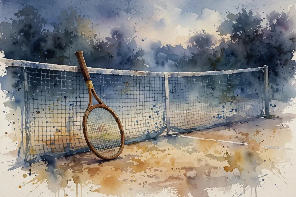 AI editorial illustration of tennis racket and court motif. Illustration.