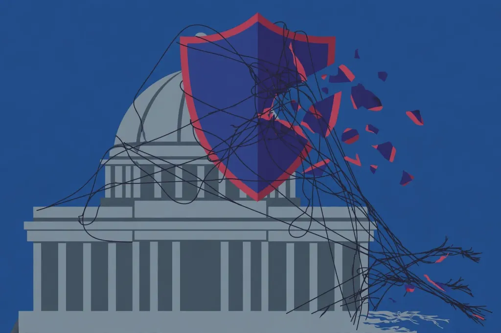 Editorial illustration of a shield over a stylised parliament building with tangled network threads