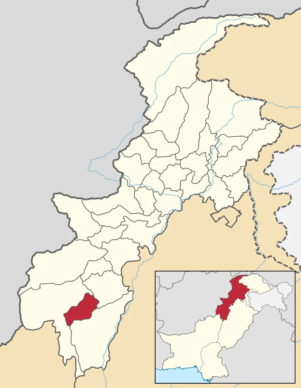 Location map showing Tank district highlighted in red within Khyber Pakhtunkhwa province, Pakistan