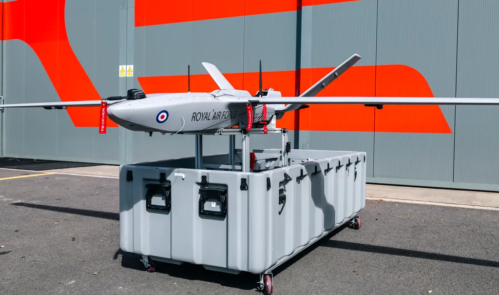 The RAF's StormShroud electronic warfare drone, built on Tekever's AR3 autonomous drone system, on display in May 2025.