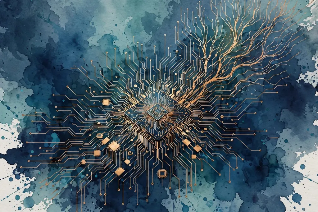 Illustration: watercolour-style abstract AI chip with copper-gold circuitry spreading outward on a deep navy background, marking Tenstorrent's $1.5 billion funding round.