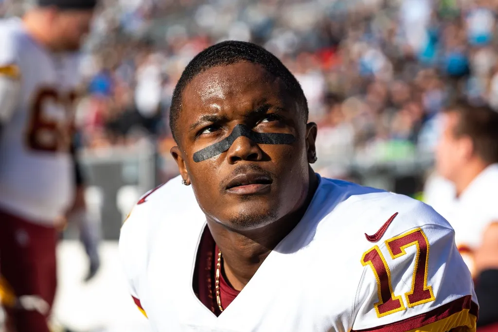 Close-up of Washington Commanders wide receiver Terry McLaurin wearing the number 17 jersey during an NFL game.