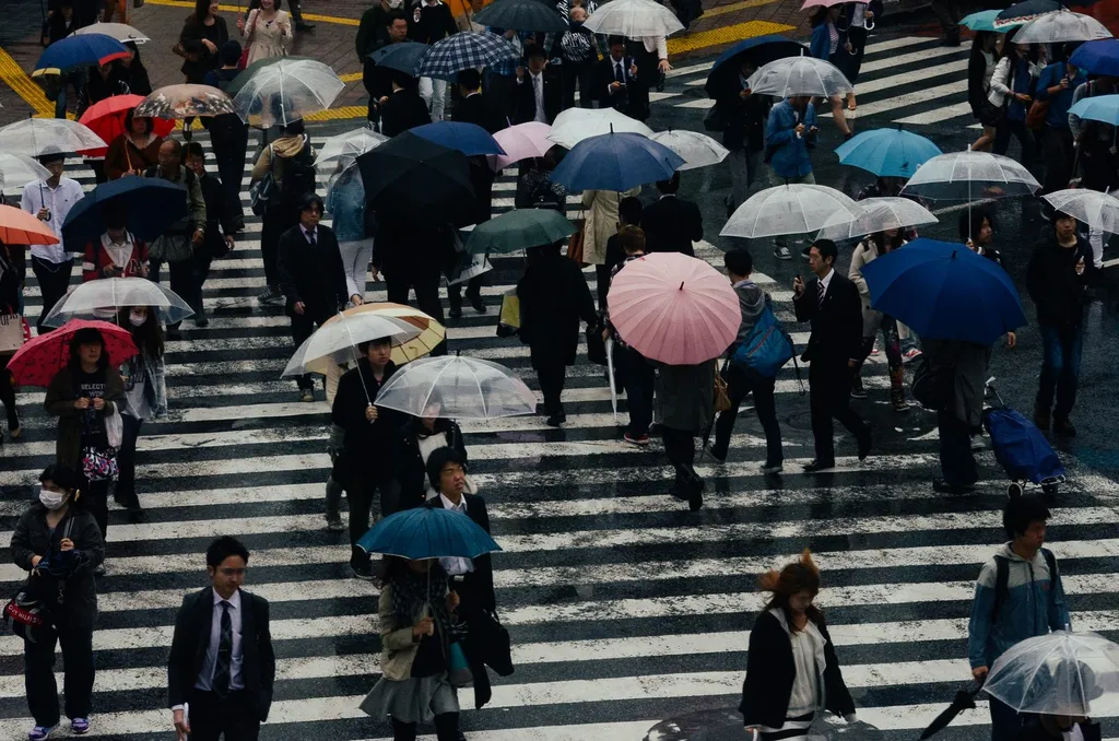 Pedestrians with umbrellas crossing a rain-soaked Shibuya intersection in Tokyo at night