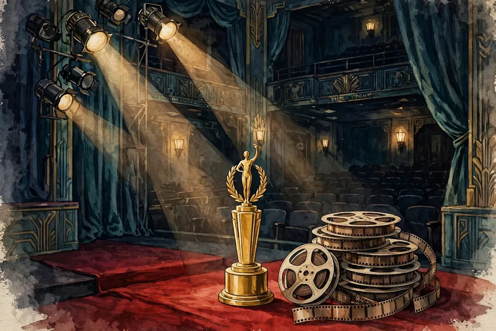 Illustration of a golden film award statuette on a red carpet beside film reels under cinema spotlights