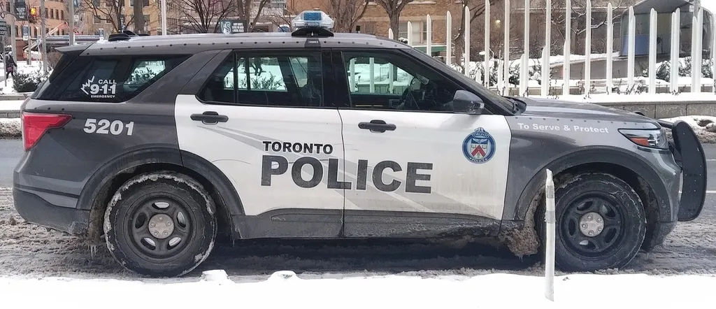 A marked Toronto Police Service Ford Explorer cruiser, unit 5201, parked on a snowy Toronto street