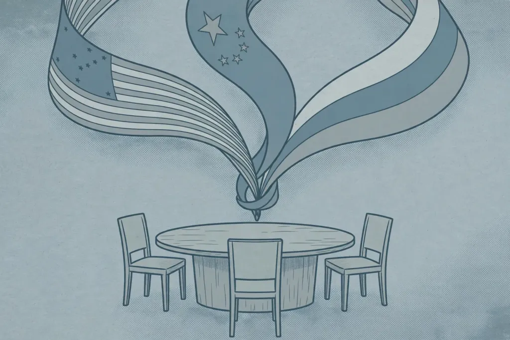 Abstract editorial illustration of stylised American, Chinese and Russian flag ribbons converging above an empty round conference table with three empty chairs.