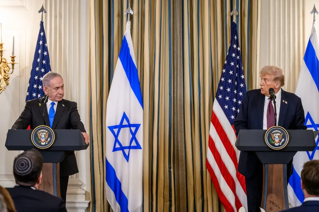 US President Donald Trump and Israeli Prime Minister Benjamin Netanyahu at a joint press conference at the White House on 29 September 2025