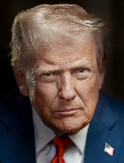 Official portrait of US President Donald Trump in a blue suit and red tie with an American flag pin.